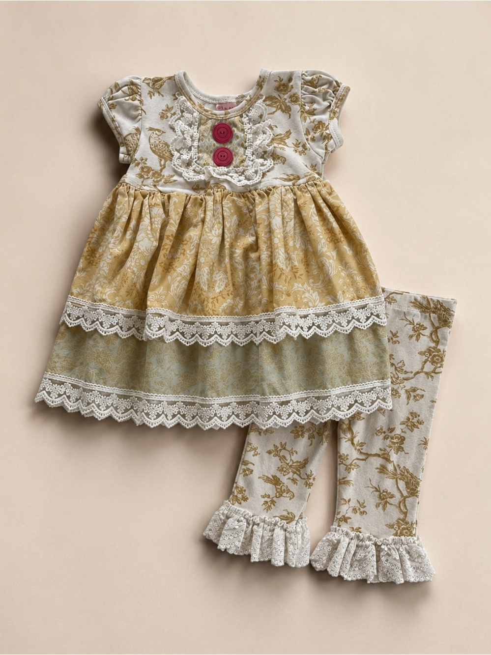GIGGLE MOON Neutral Mixed Prints Lace Layered Dress & Cropped Ruffle Capris Set